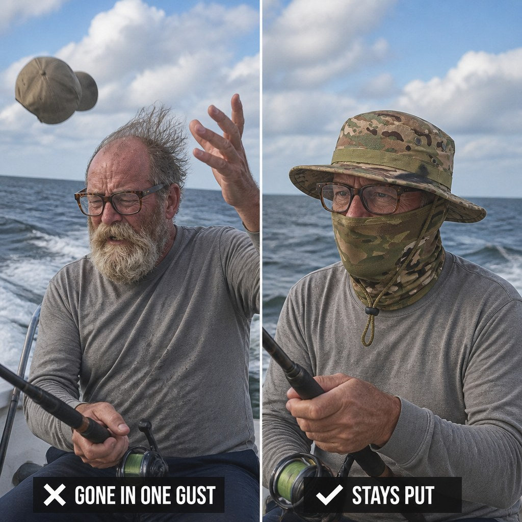 Same angler side by side: ball cap blowing off in one gust, boonie set staying put with both hands on the rod