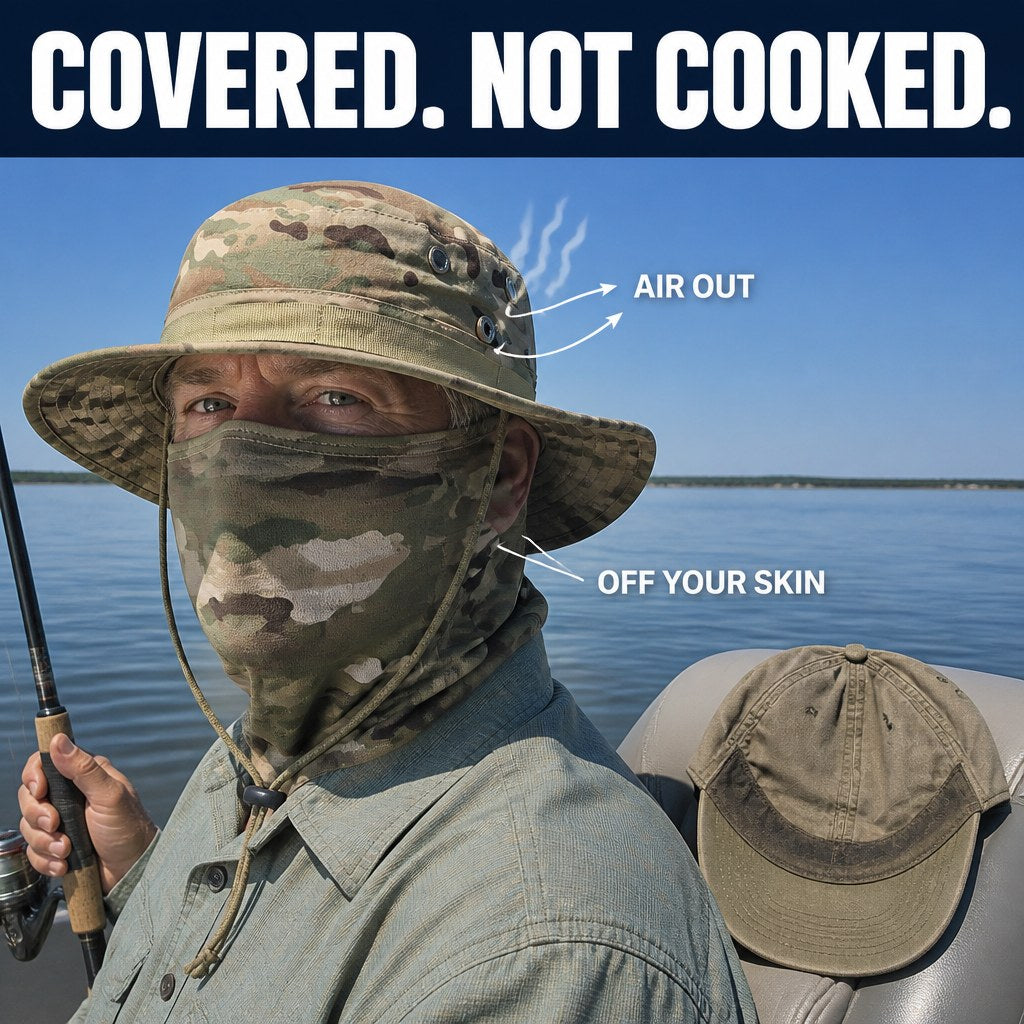 Angler in midday sun with his face covered by the boonie set, heat escaping through the metal mesh vents