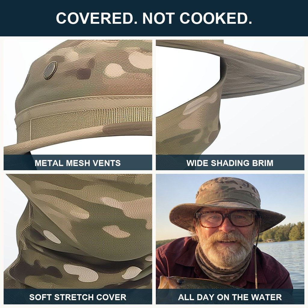 Close-ups of the metal mesh vents, wide shading brim and soft stretch cover, plus the set worn on the water