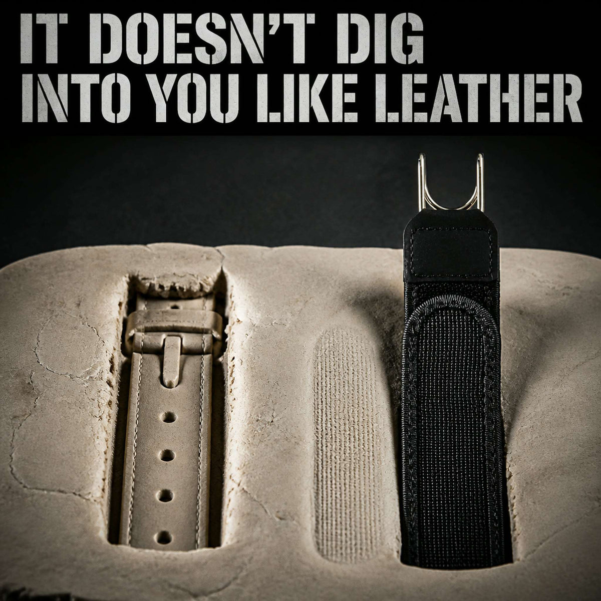Leather buckle gouges a deep trench in clay, SideAnchor leaves only a faint mark