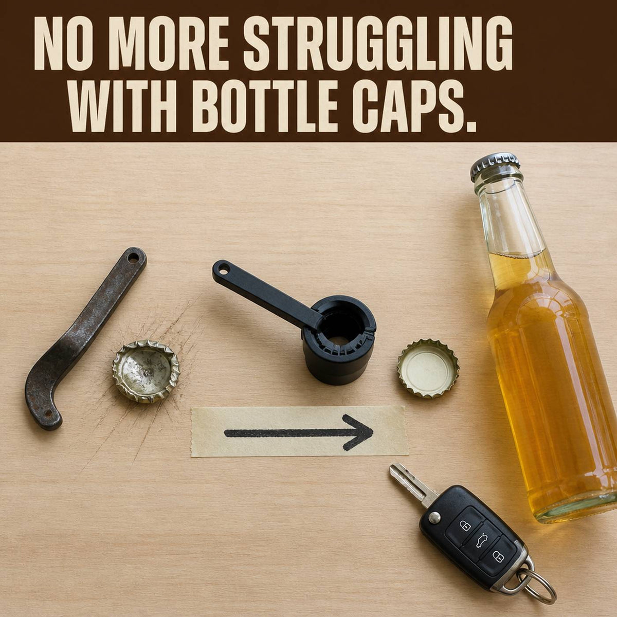 CapBlast beside a bottle and a car key, next to a bent old opener