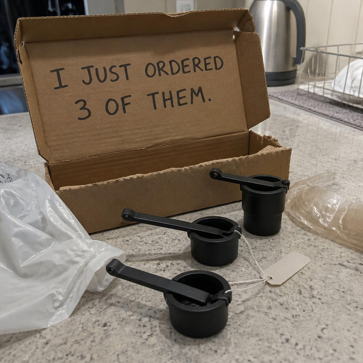 Three CapBlast launchers just unboxed on a kitchen counter