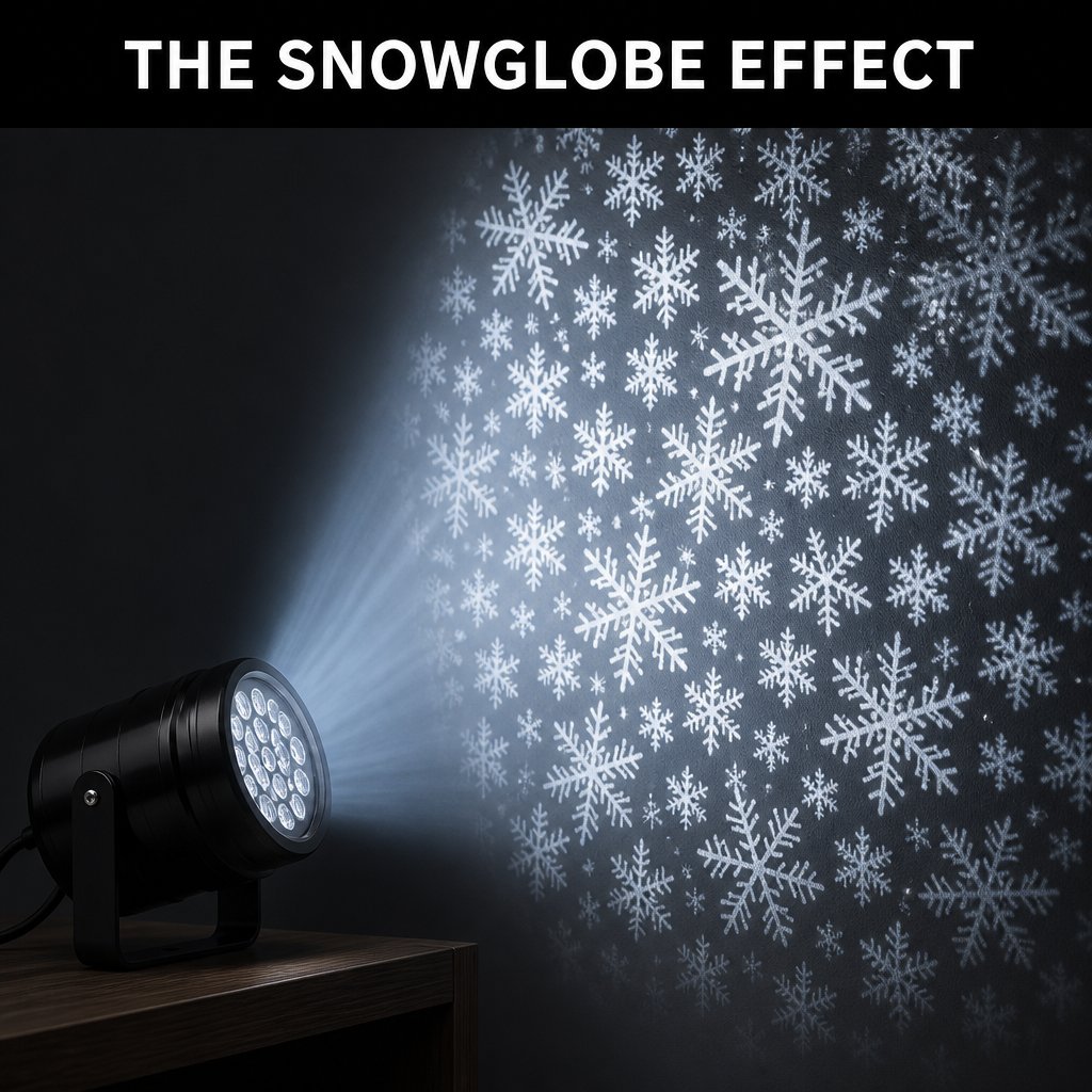 The SnowGlobe Effect: a wide cone of light spreading crisp snowflakes across a wall
