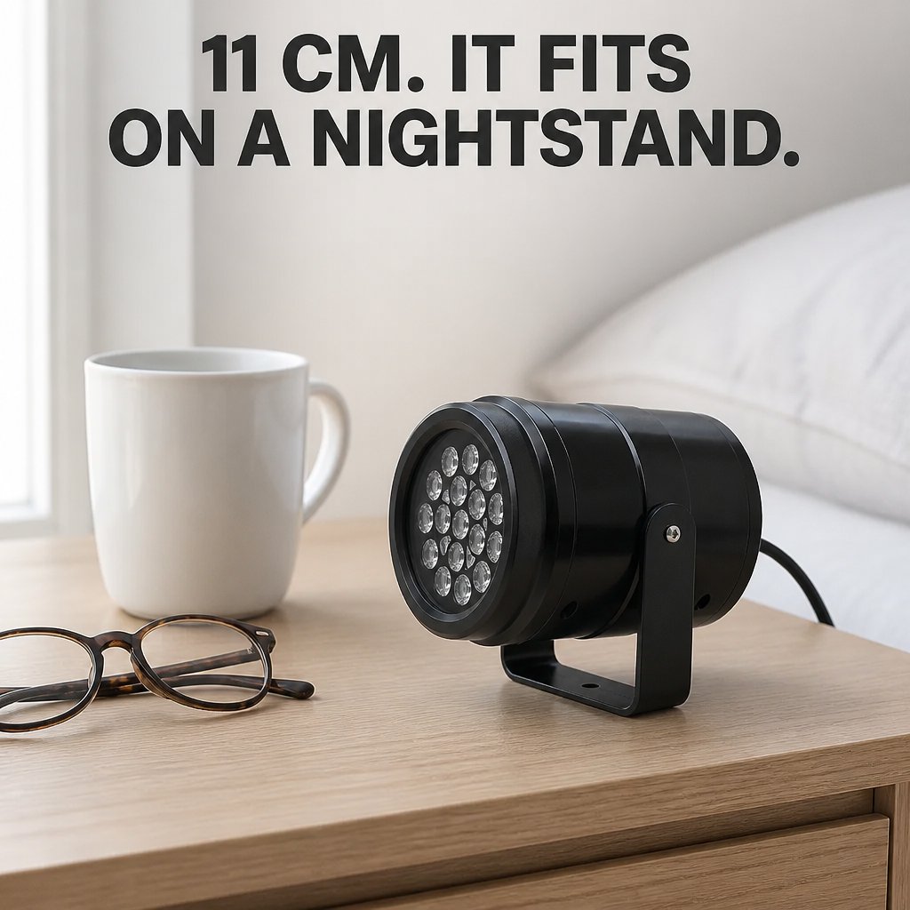 Snando snow projector next to a coffee mug on a nightstand showing its 11 cm size