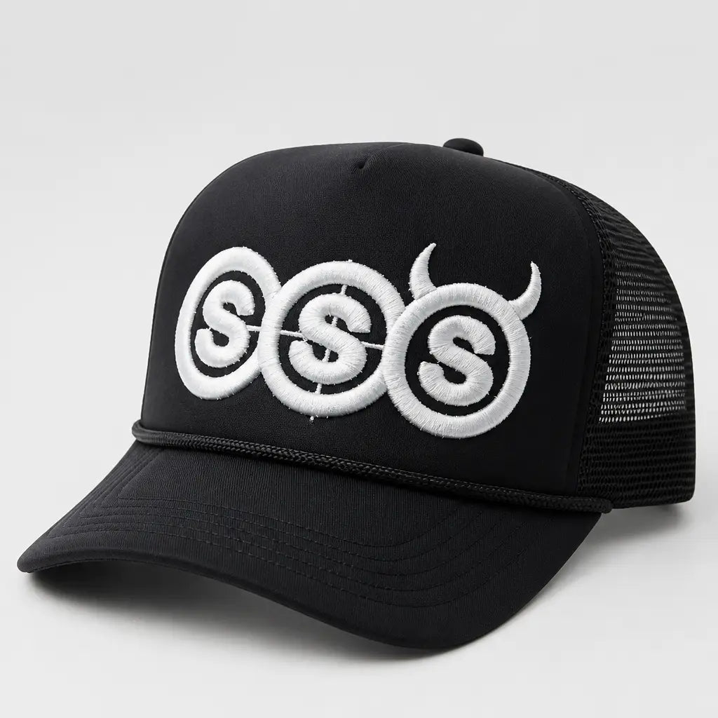 Black SSS trucker hat, three-quarter view on a plain background
