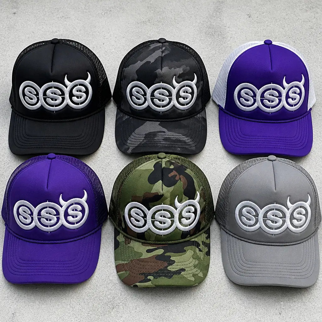All six colorways of the SSS trucker hat laid out together
