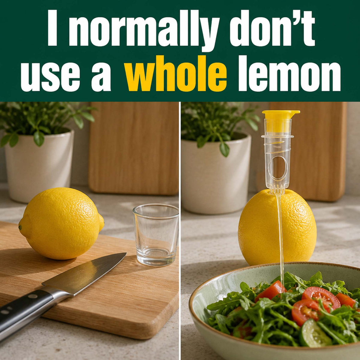 Whole lemon with citrus tap pouring juice onto salad, no knife needed