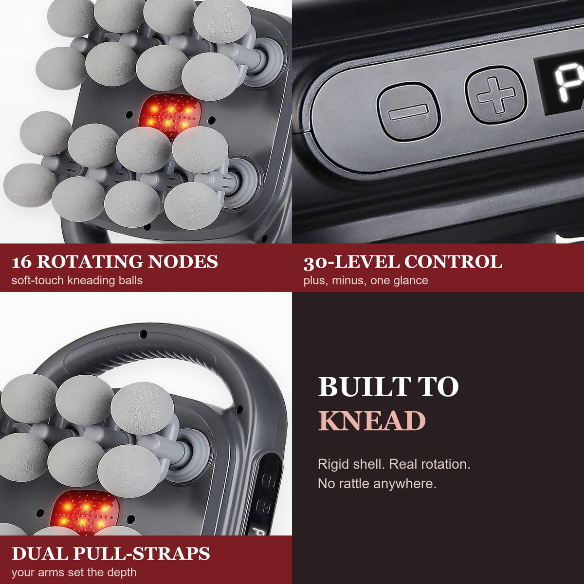 Materials close-up: 16 rotating nodes, 30-level control panel, dual pull straps