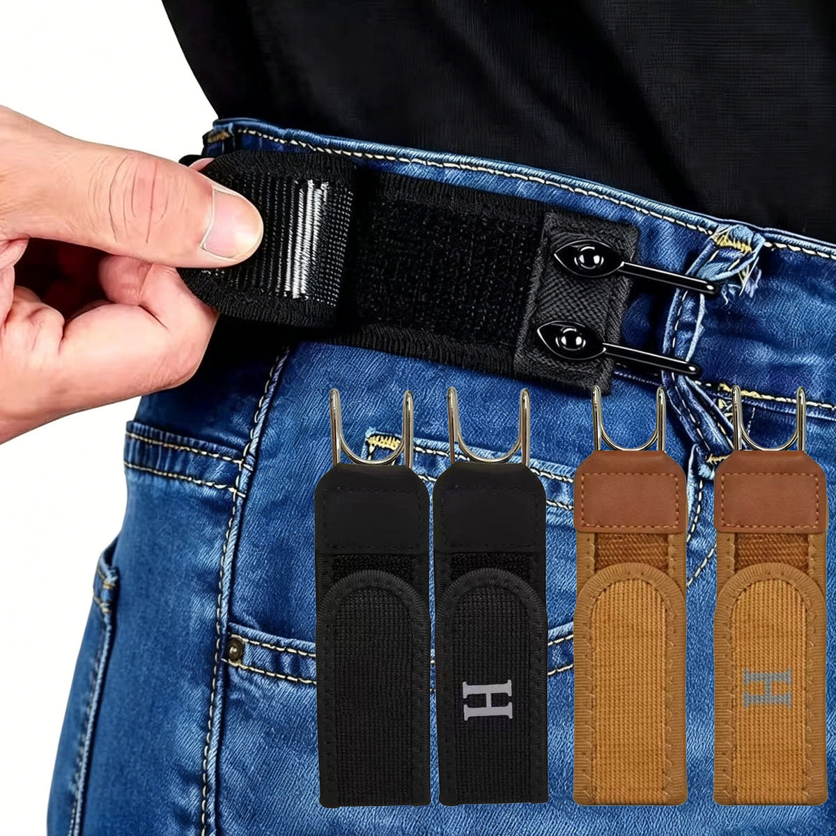SideAnchor buckle-free belt worn on jeans - flat front, no buckle