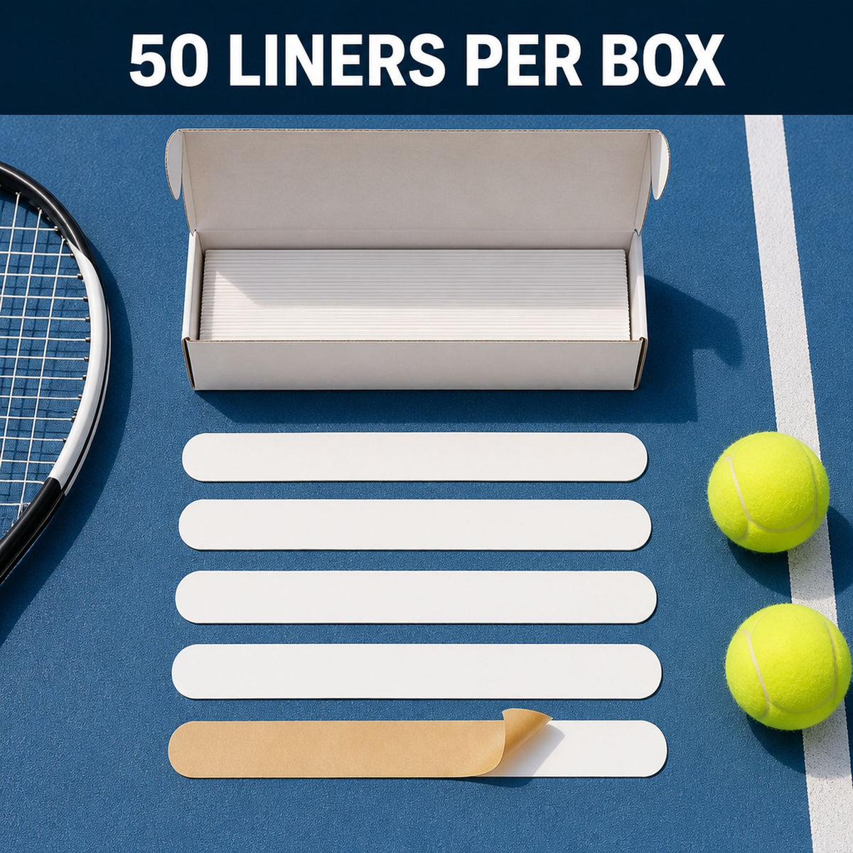 Open box of 50 Snando cap liners on a tennis court with racquet and balls v2
