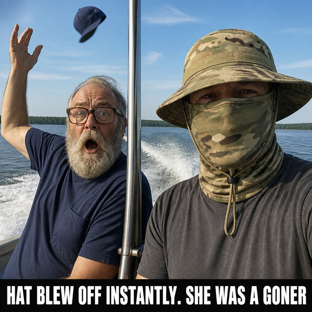 Two anglers in a boat at speed: the one in a ball cap has just lost it to the wind and is grabbing at empty air, while the one in the boonie set keeps his hat on with the chin strap
