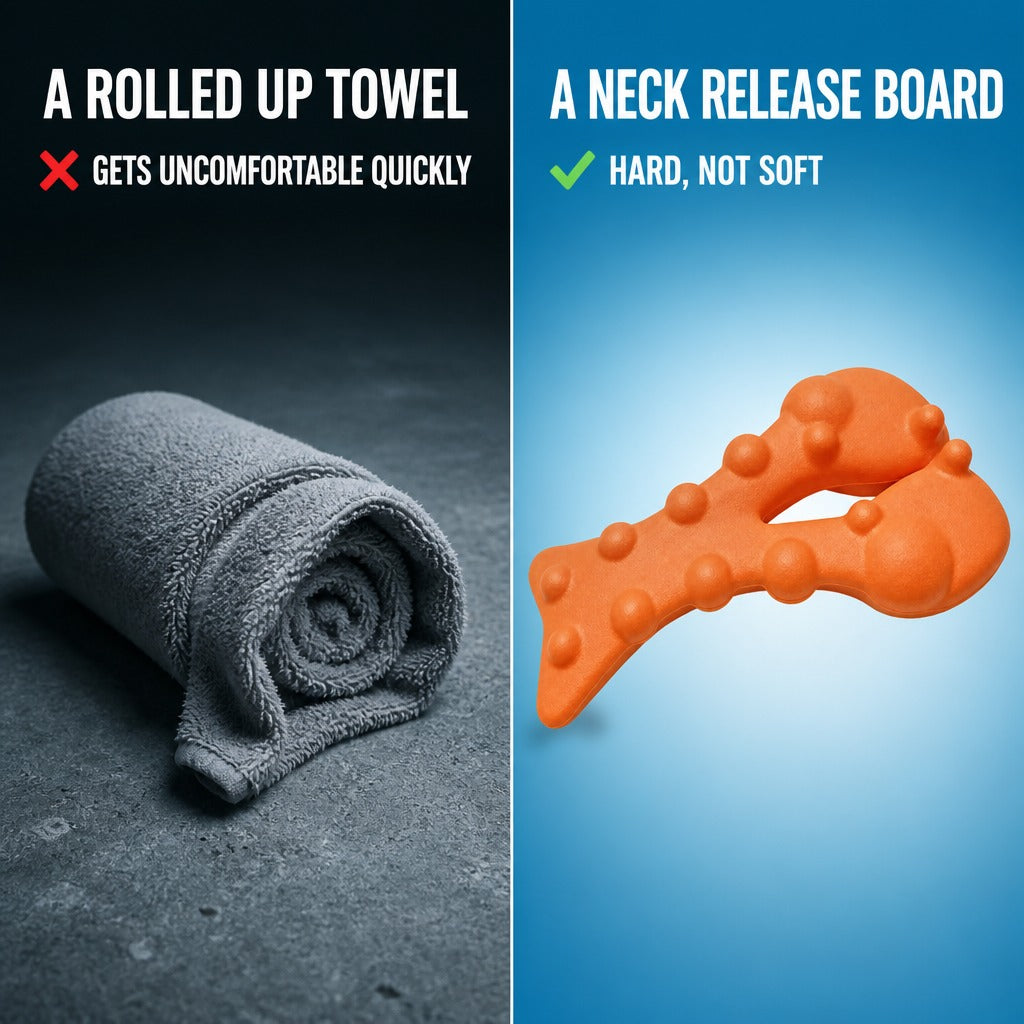 Snando Neck Release Board compared with a rolled towel and a plain foam block