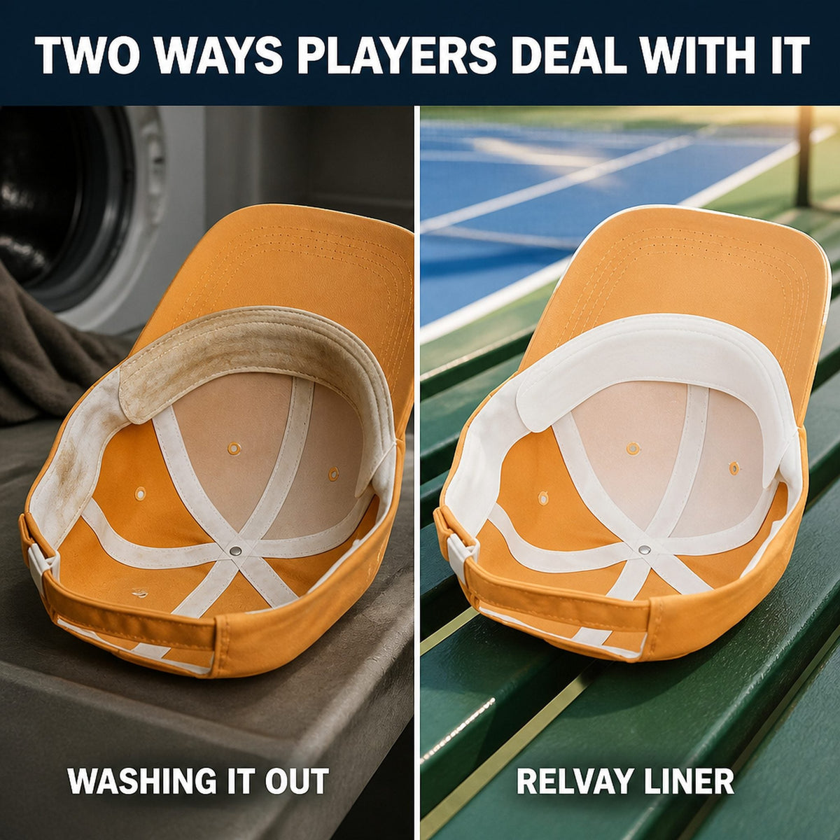 Stained cap band from washing versus a clean band with a Snando liner courtside