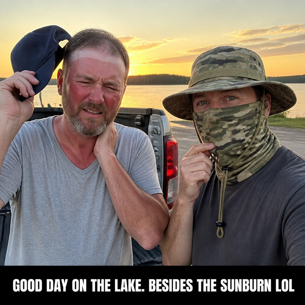 Two anglers at the boat ramp at sunset: the one lifting his ball cap has a pale hat line and a burned red face, while the one lowering the camo face cover has even, unburned skin