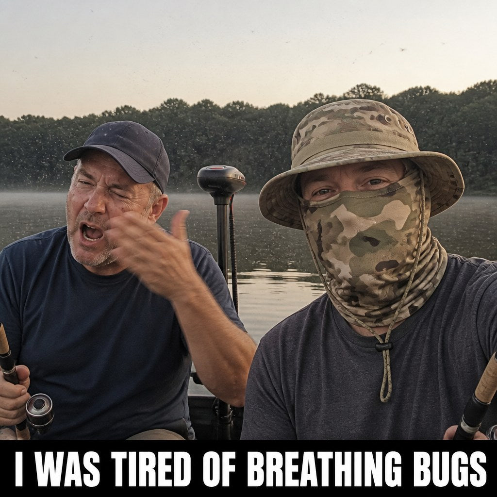 Two anglers at first light: gnats swarm the bare face of the one in a ball cap while they settle on the outside of the fabric on the one wearing the boonie set