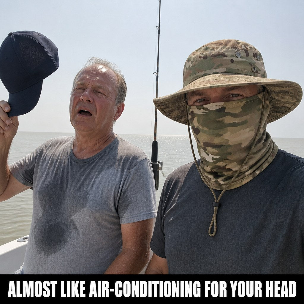 Two anglers under the afternoon sun: the one in a ball cap is soaked with sweat and fanning himself, the one in the boonie set is dry and shaded under the vented crown