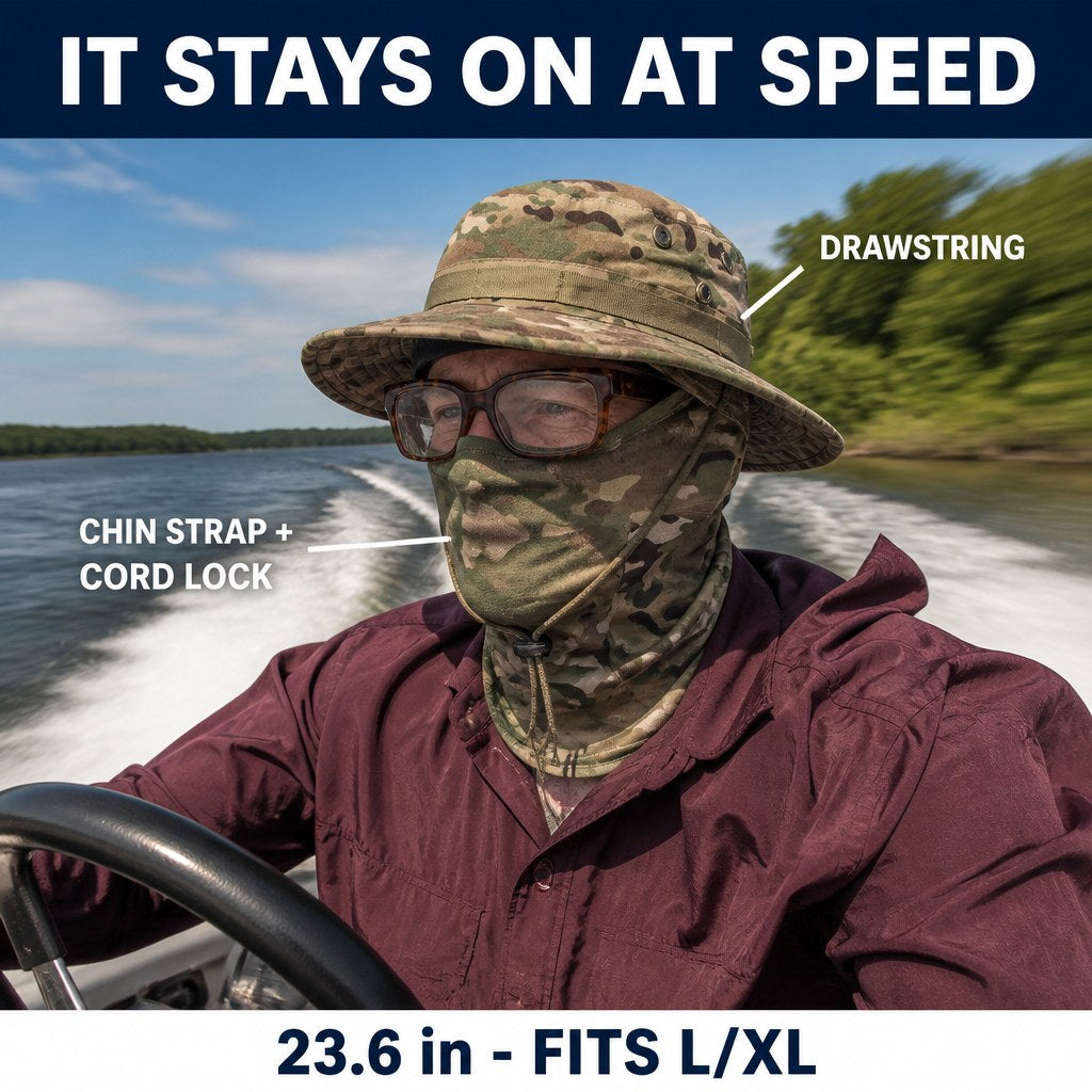 Boonie hat staying on at speed on a running bass boat, chin strap and cord lock holding it, 23.6 in fits L/XL