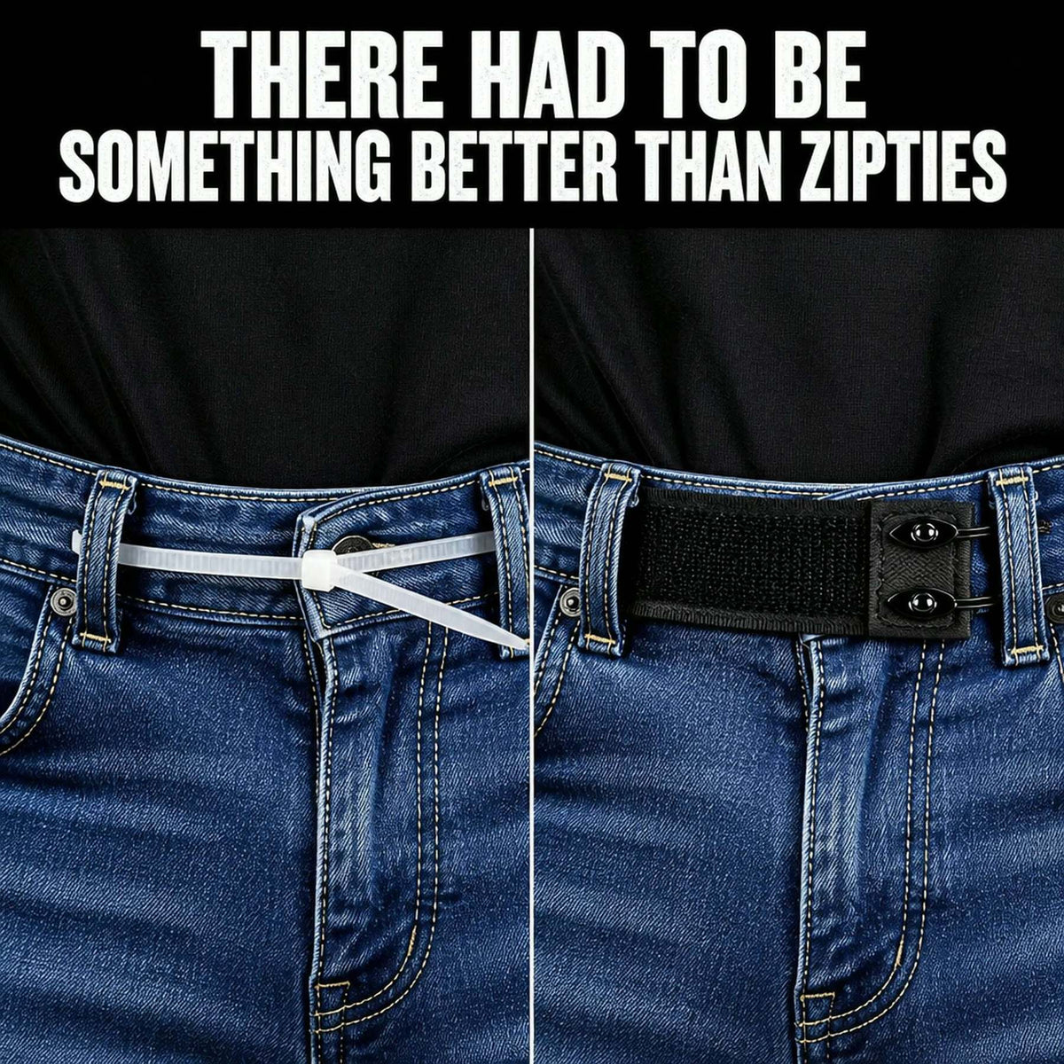 Zip tie hack versus SideAnchor elastic belt on the same jeans waistband