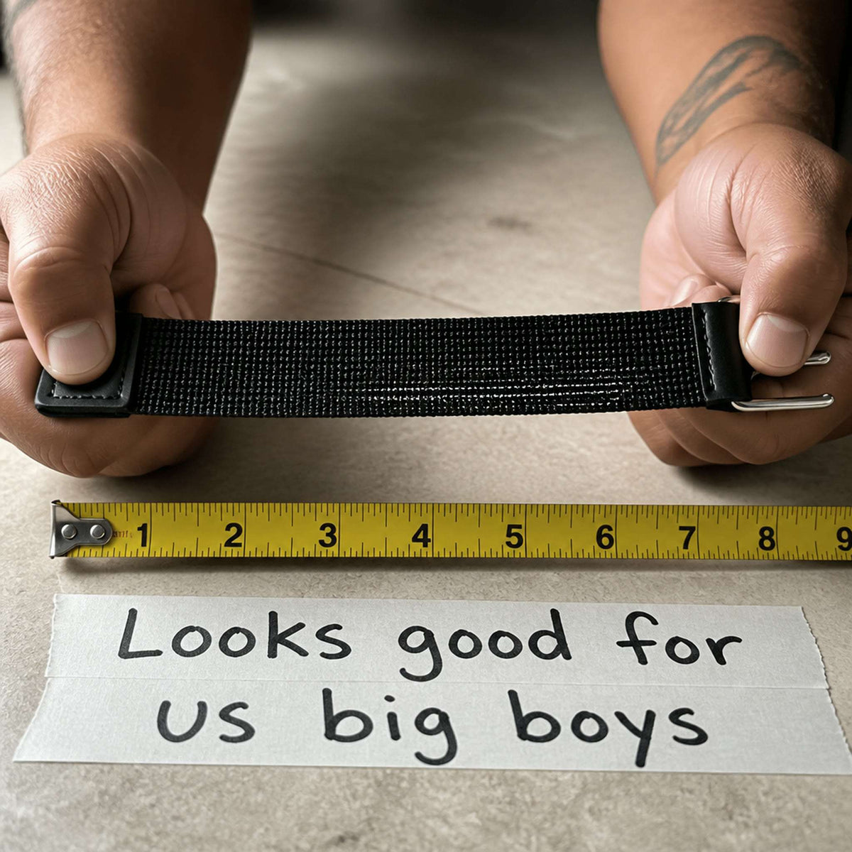 SideAnchor elastic band stretched against a tape measure, fits waists 26 to 44 inches