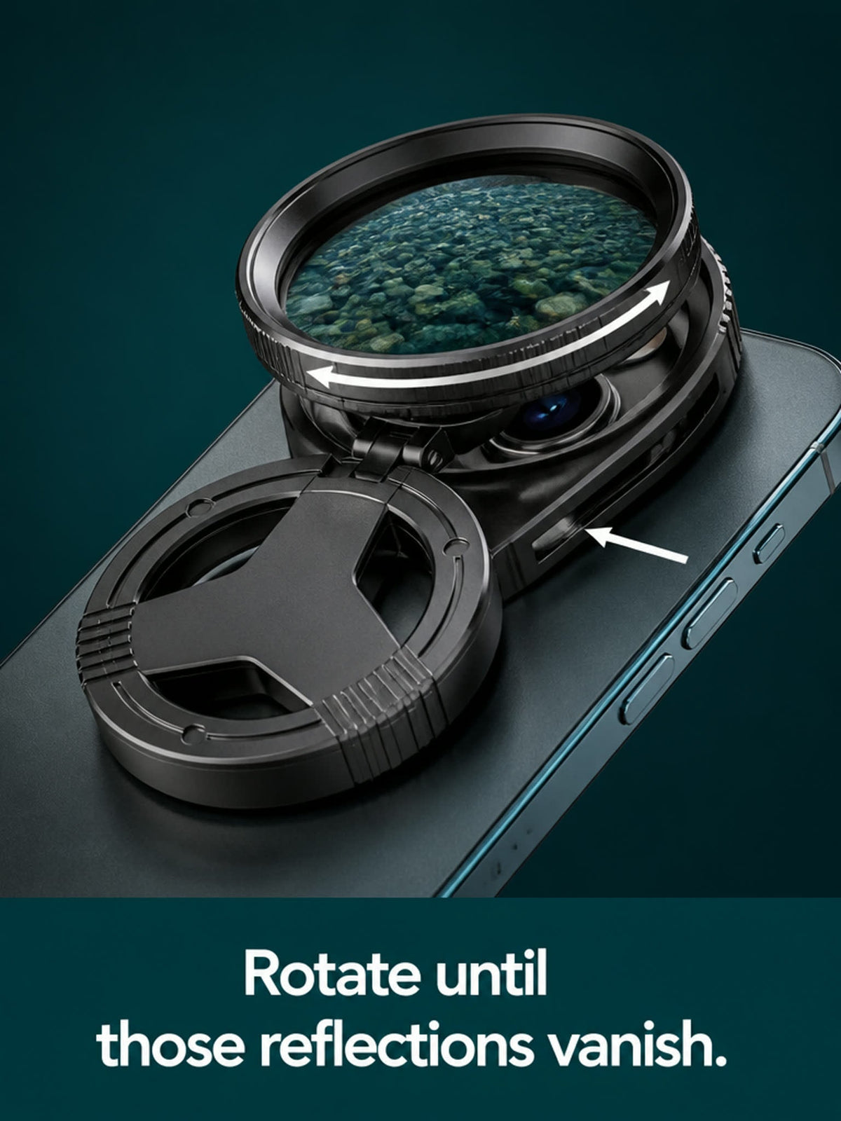 Rotating the knurled 52mm ring on the phone mount until reflections vanish