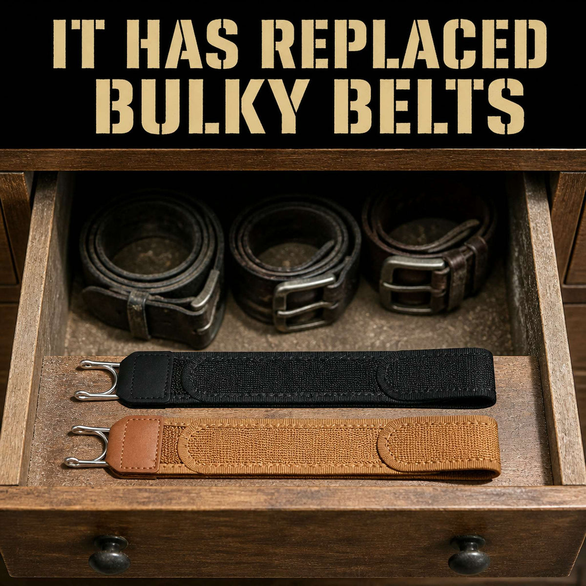 Bulky leather belts left in a drawer next to two flat SideAnchor belts in black and tan