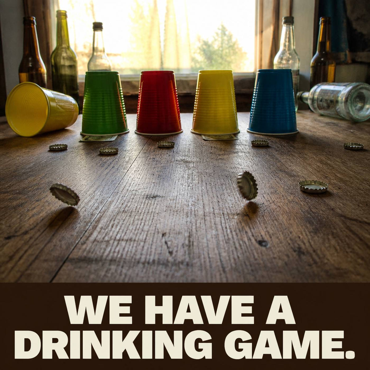 Plastic cups set up as targets with bottle caps where they landed