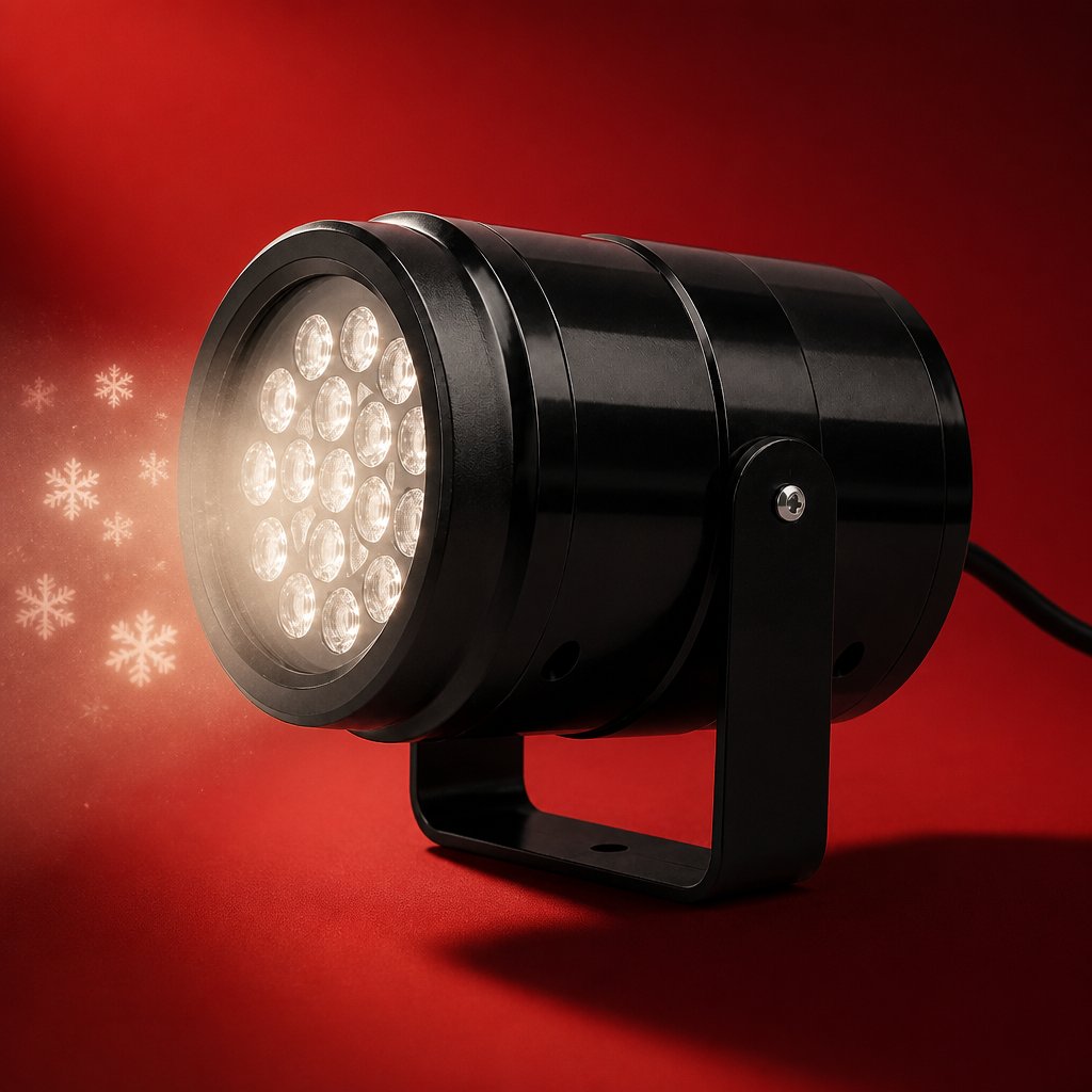 Snando snow projector on a deep red background, compact multi-lens body on a U-bracket