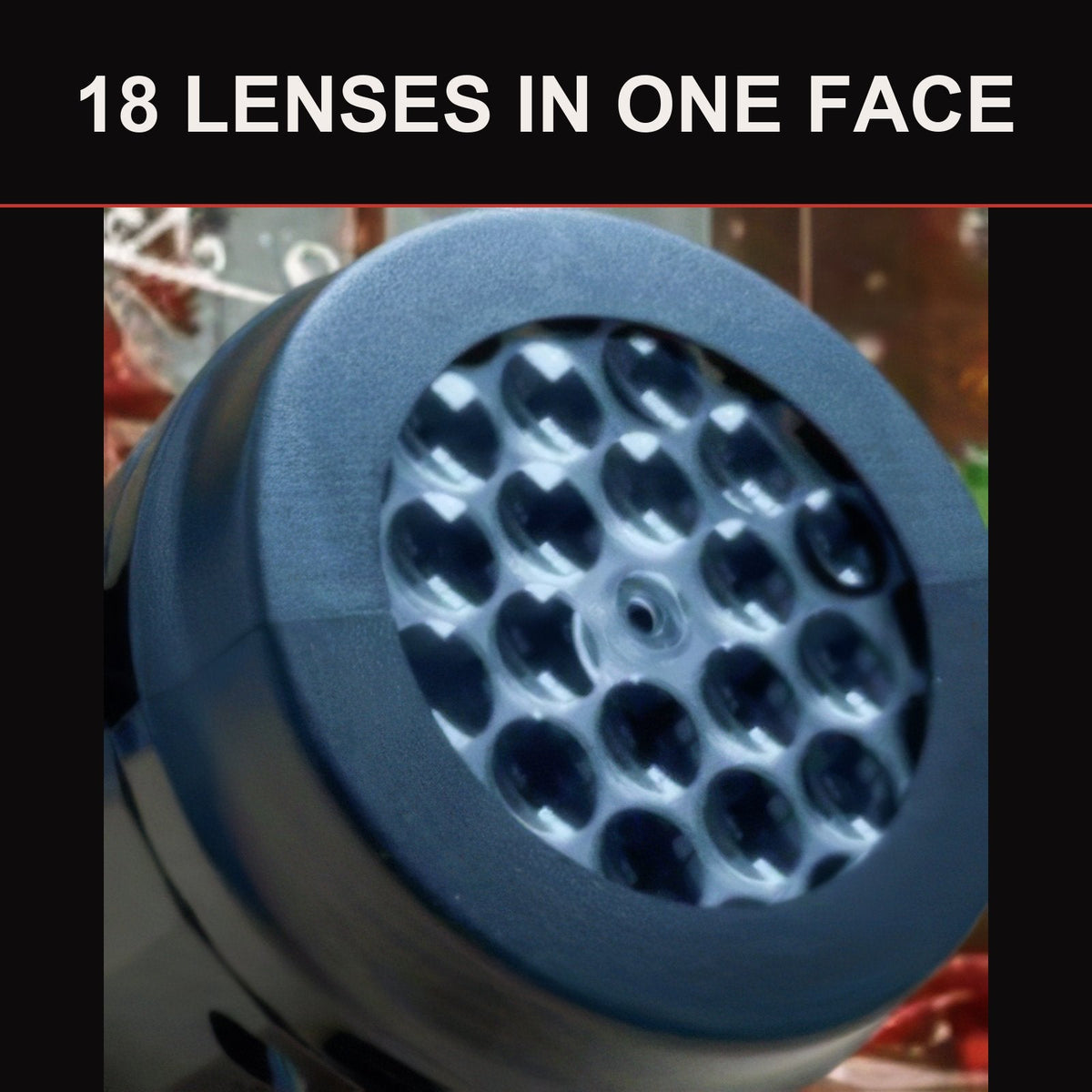 Close-up of the Snando snow projector lens face showing all 18 lenses