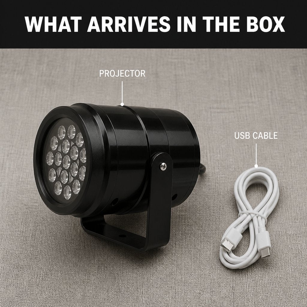 What arrives in the box: the Snando snow projector and its USB cable