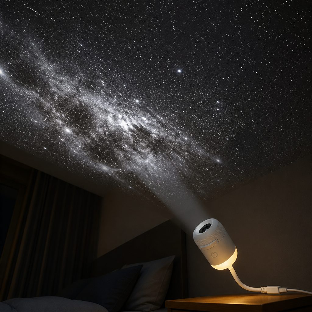 Snando star projector on a nightstand filling a bedroom ceiling with white stars