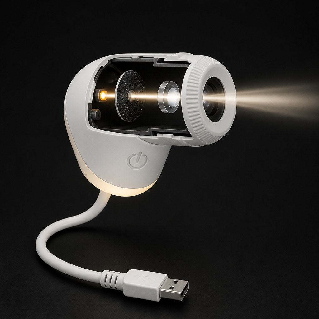 Cutaway of the Snando projector: warm LED, optical film disc and glass lens