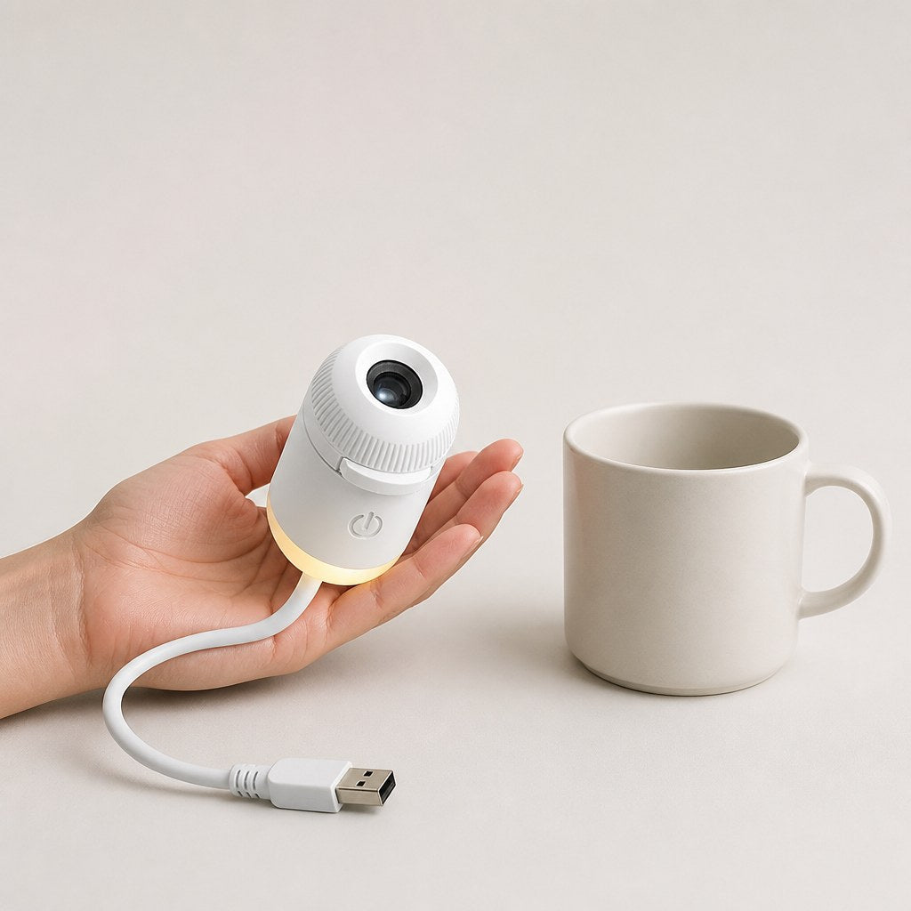 Snando galaxy projector held in a palm beside a coffee mug for size comparison