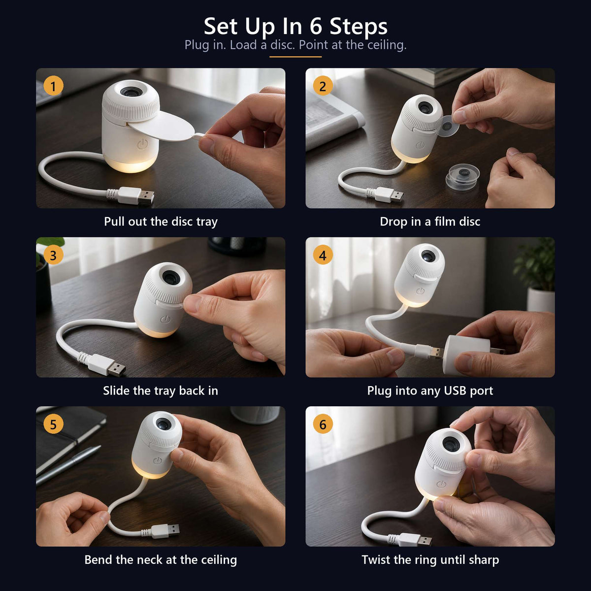 How to use the Snando galaxy projector in six steps: load a film disc, plug in USB and focus