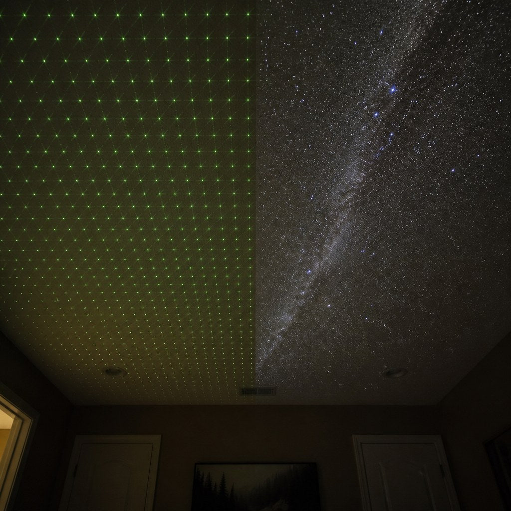 Green laser dot grid versus real white starfield on the same bedroom ceiling