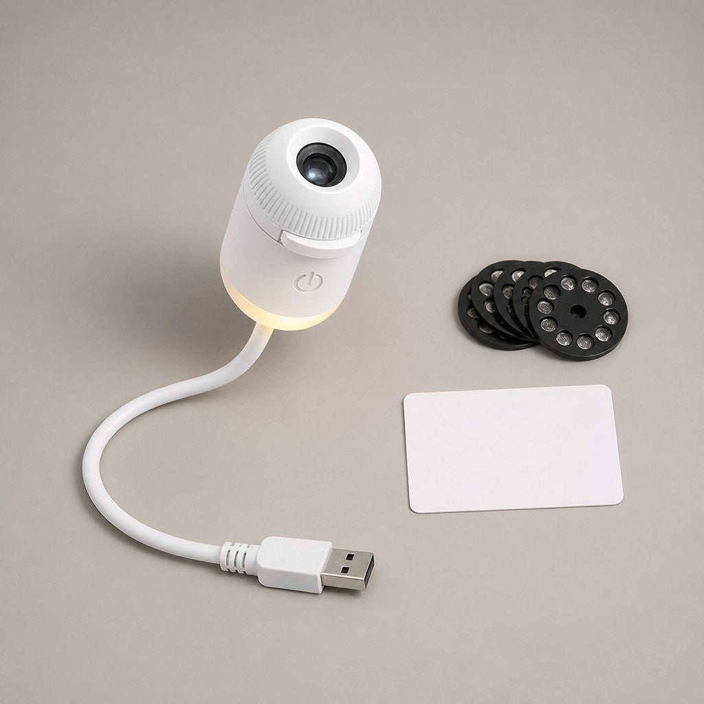 What is in the box: Snando projector, optical film discs and a focus card