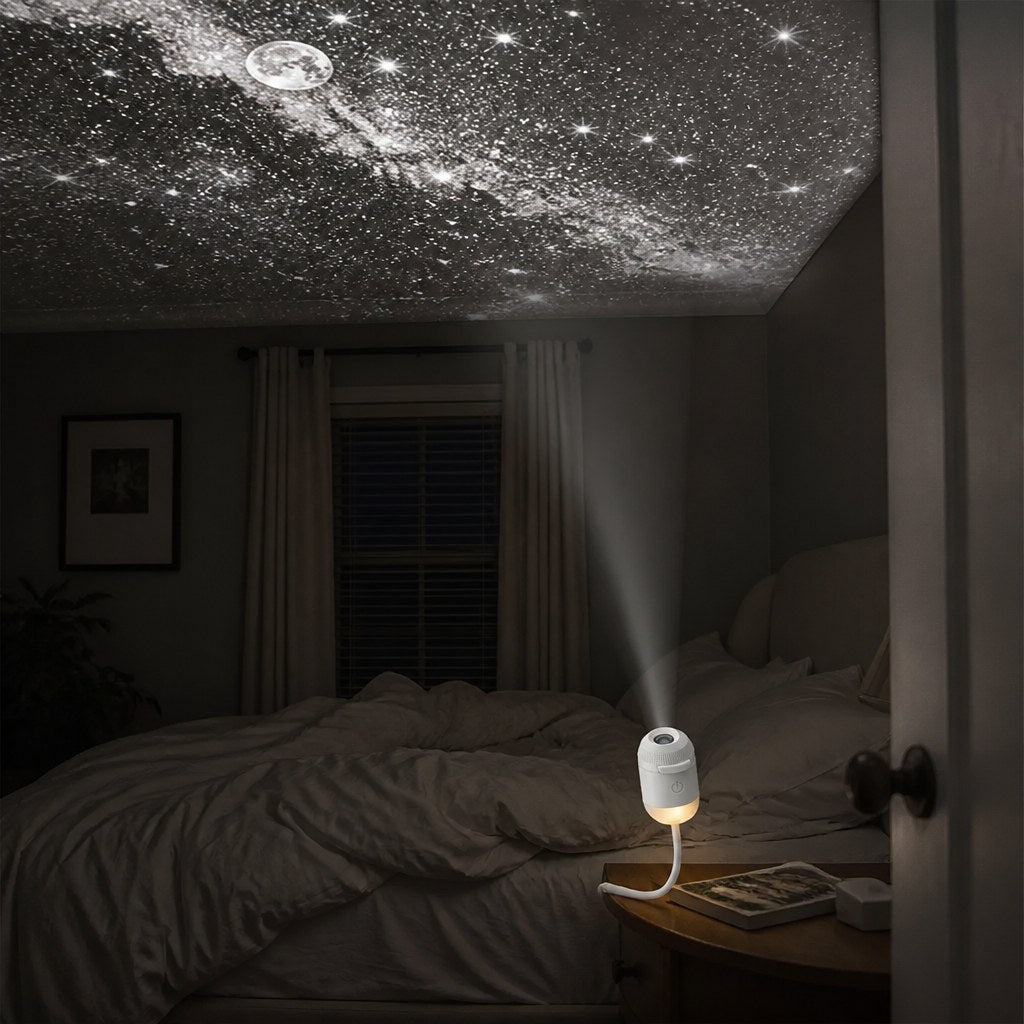 Snando star projector on a bedside table, light cone reaching the ceiling