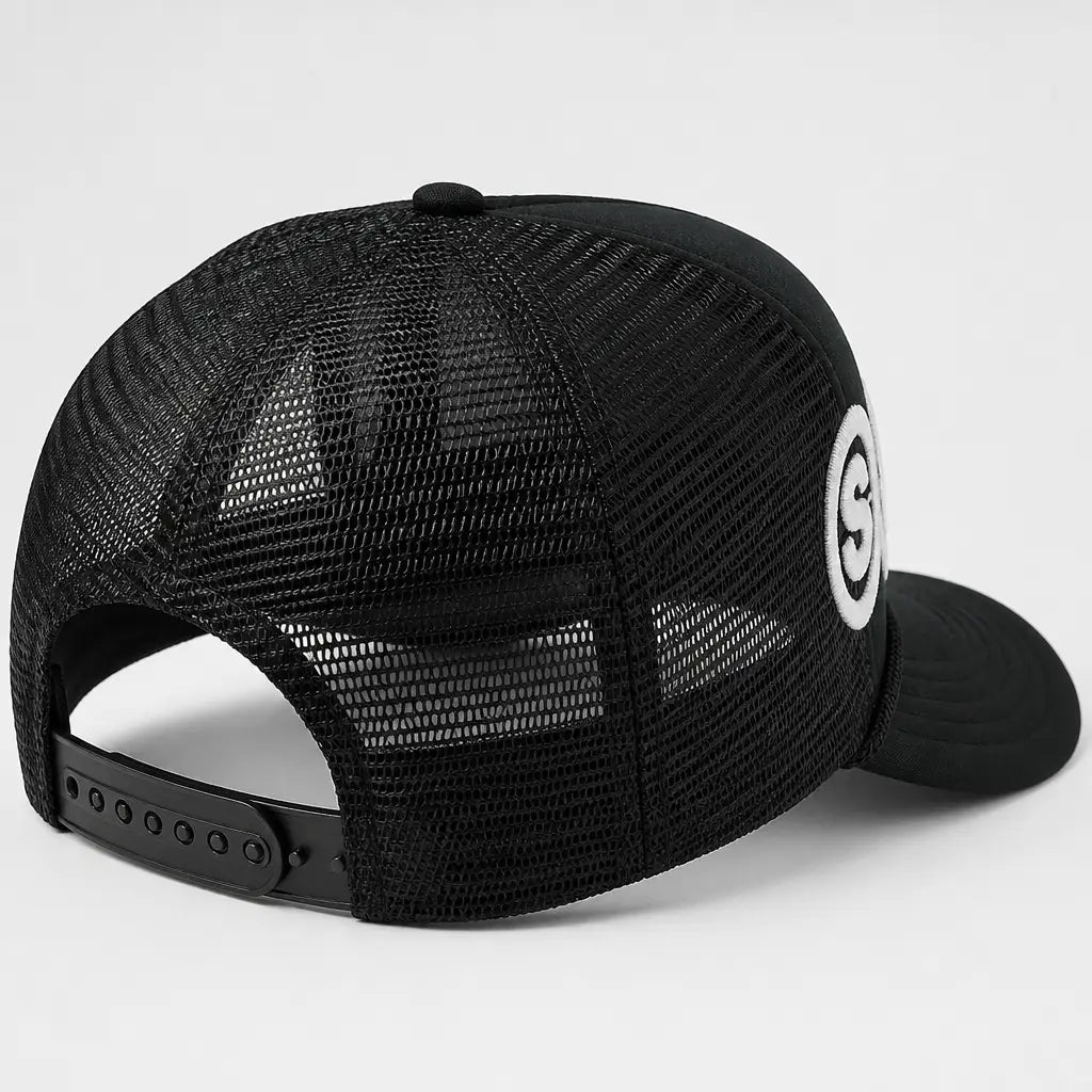Back of the hat showing the black mesh panels and adjustable snapback