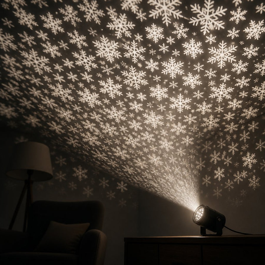 snando snow projector filling a living room ceiling with snowflakes