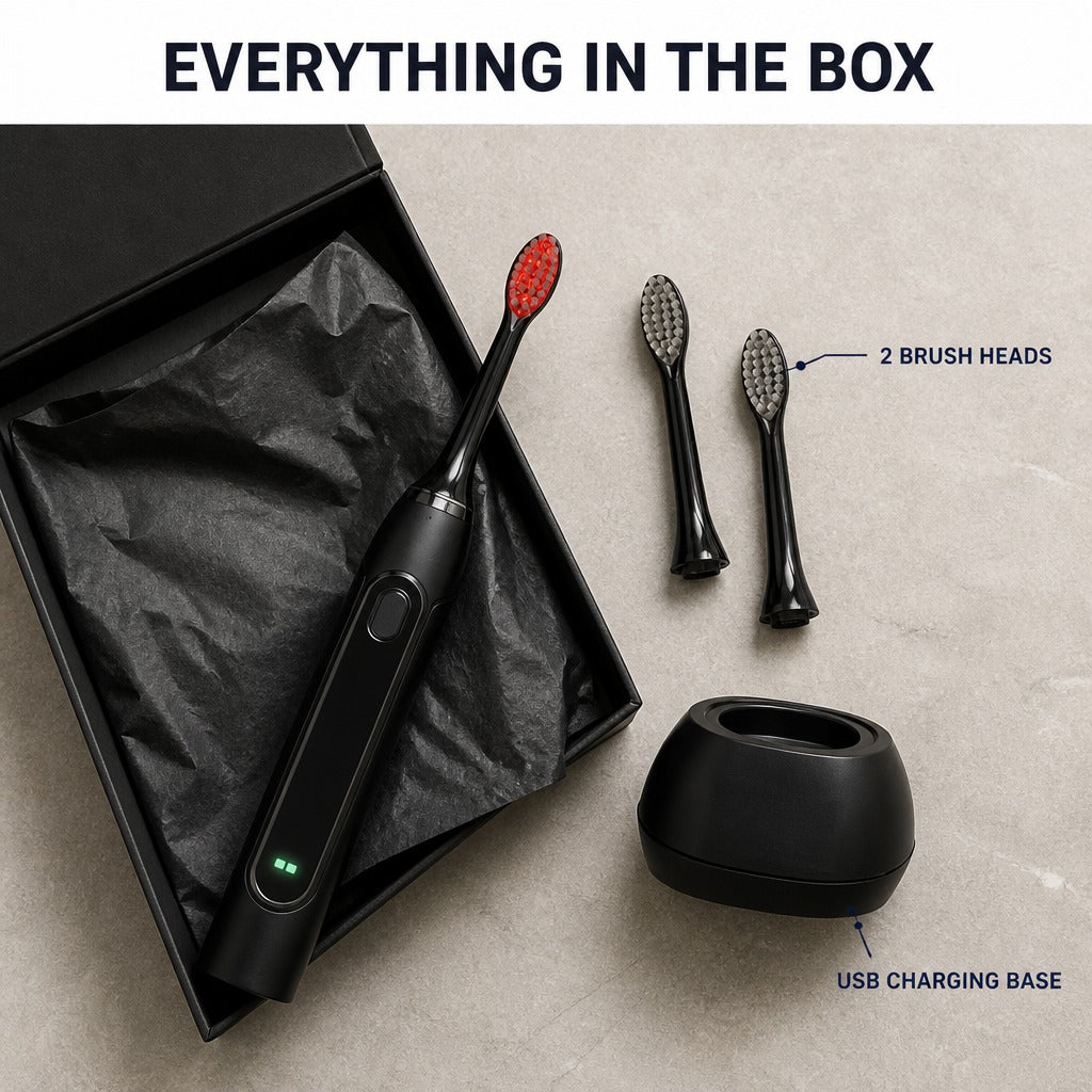 everything in the box: smilume brush, two spare brush heads, USB charging base