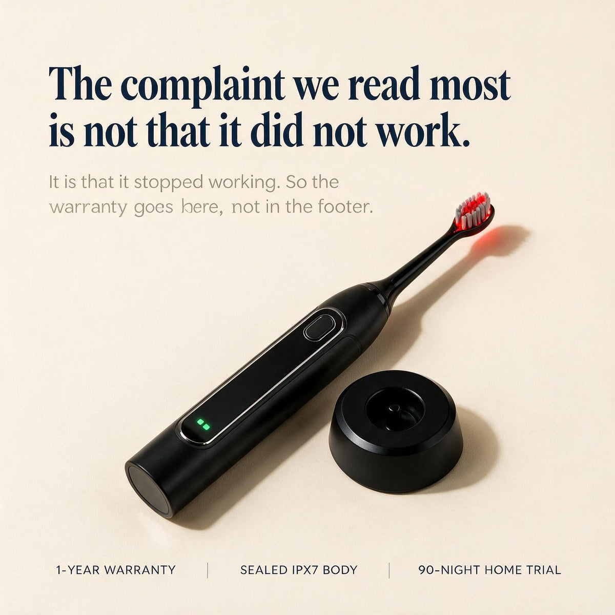 smilume brush and charging base, one year warranty, sealed IPX7 body, 90 night home trial