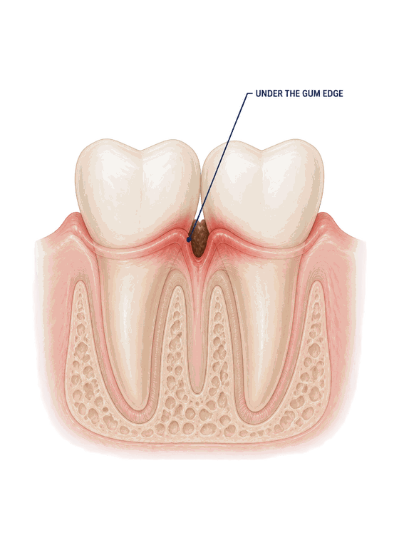 Illustration of two teeth showing the narrow space under the gum edge where plaque collects