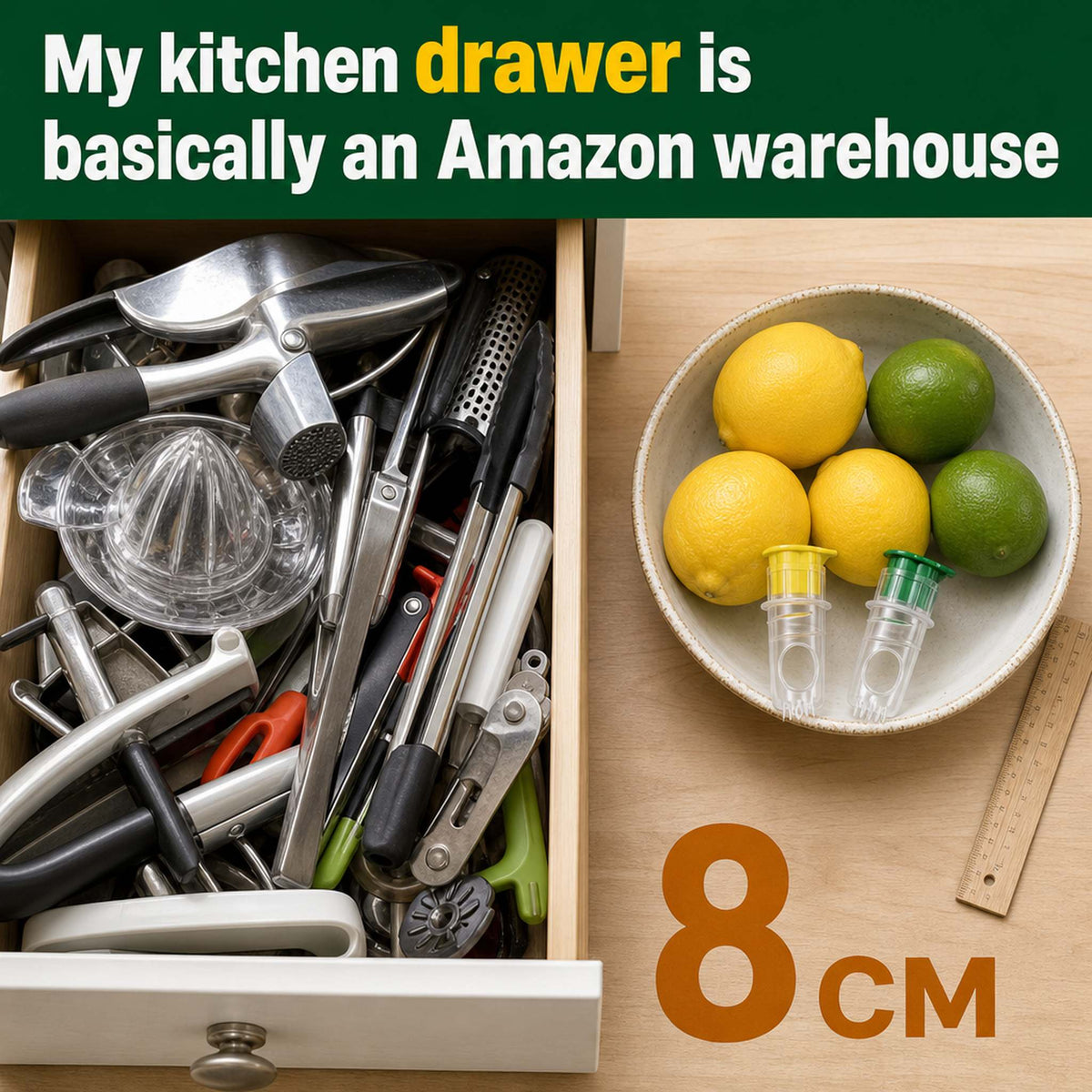 Citrus tap size compared to a crowded kitchen gadget drawer, 8 cm
