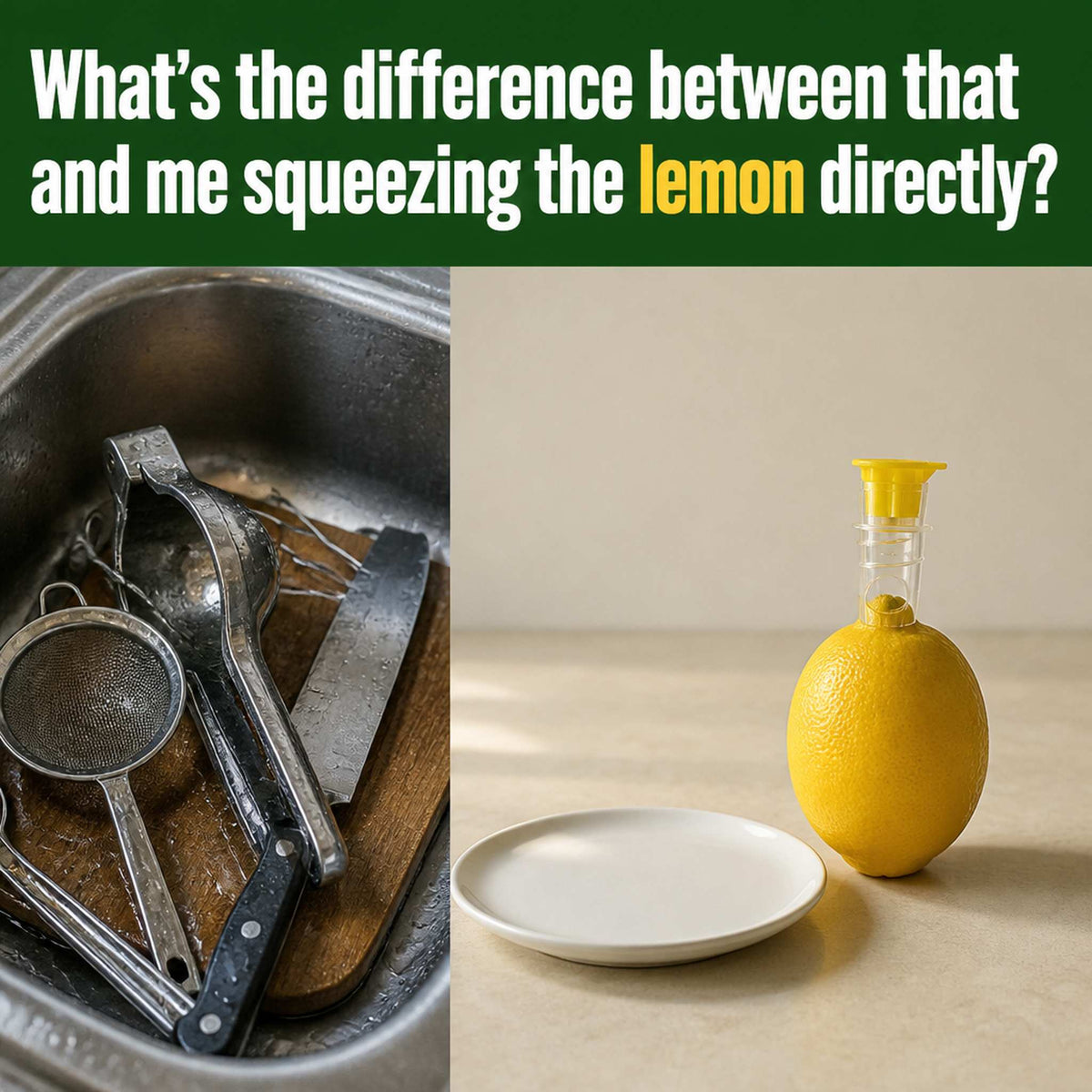 Citrus tap versus a hand press and strainer piled in the sink