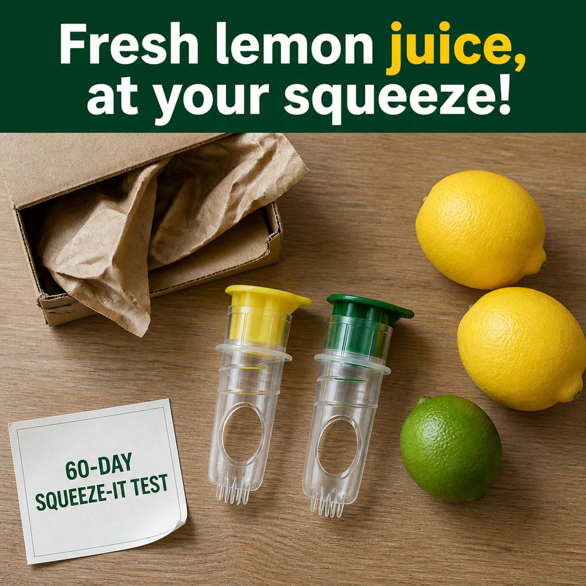 Two Snando Citrus Taps just unboxed with lemons, limes and trial card