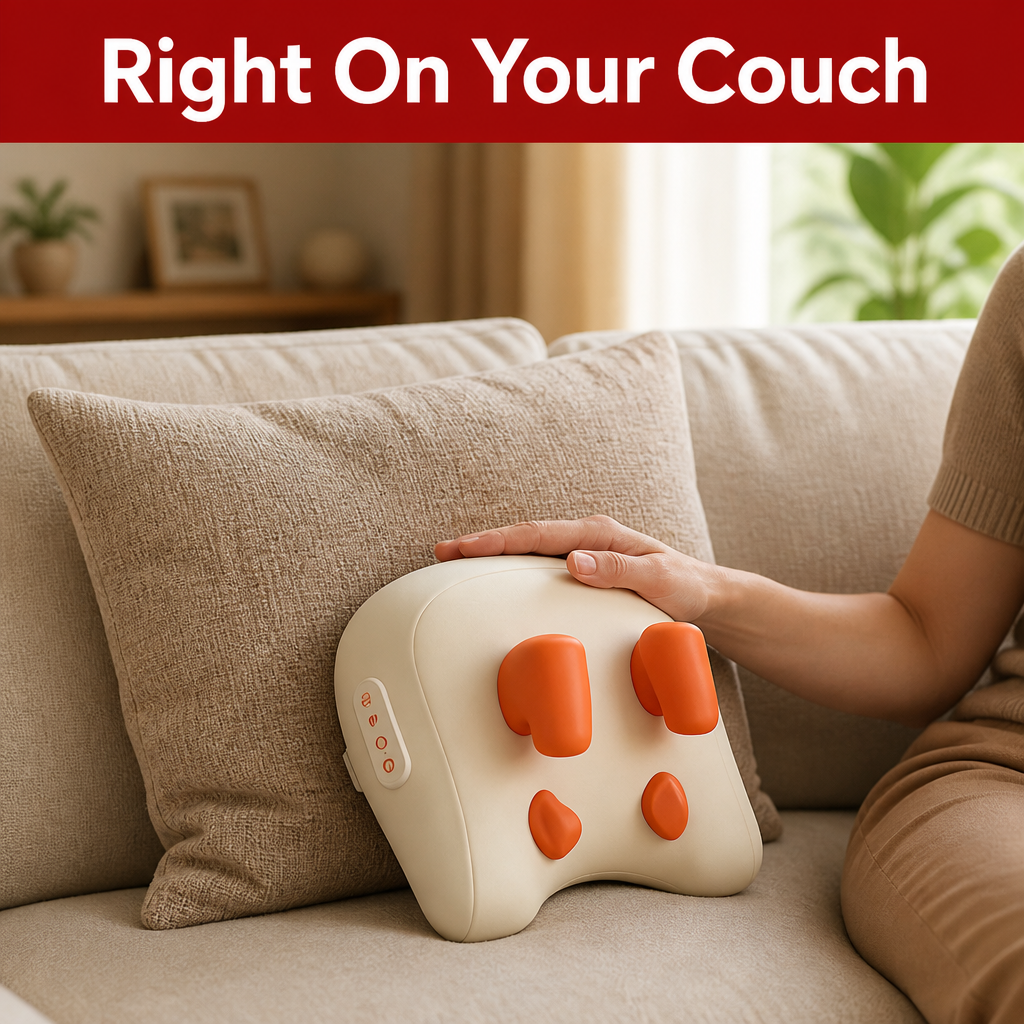 Snando neck pillow size comparison on couch with hand