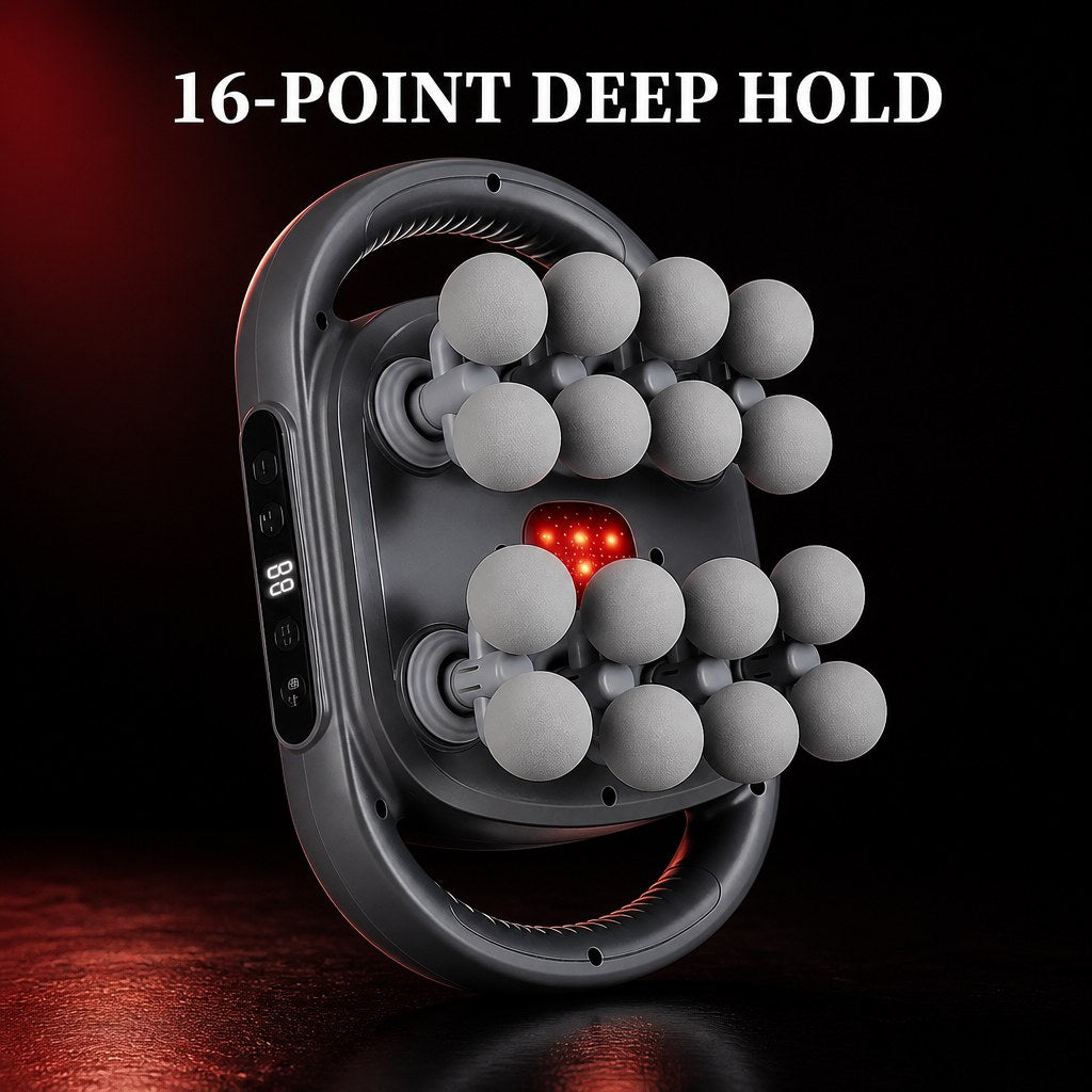 16-Point Deep Hold mechanism: 4 rotating hubs with soothing warmth on dark background